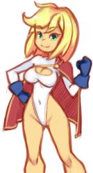 Rule 34 | 1girl, applejack, blonde hair, blue gloves, breasts, cape, cleavage, cleavage cutout, clothing cutout, colored skin, cosplay, crossover, dc comics, drantyno, freckles, gloves, green eyes, hand on own hip, hasbro, highleg, highleg leotard, highres, large breasts, leotard, long sleeves, looking at viewer, my little pony, my little pony: equestria girls, my little pony: friendship is magic, orange skin, power girl, power girl (cosplay), red cape, short hair, smile, standing, superhero costume, trait connection, white background, white leotard