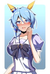 Rule 34 | 1girl, @ @, animal ears, blue eyes, blue hair, blush, border, bow, breasts, commentary request, ear covers, gradient background, hair between eyes, horse ears, horse girl, ishitsuma canon, k.s.miracle (umamusume), light blue hair, looking at viewer, medium breasts, open mouth, pleated skirt, puffy short sleeves, puffy sleeves, purple bow, purple shirt, sailor collar, shirt, short hair, short sleeves, skirt, solo, umamusume, upper body, white border, white skirt
