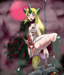 Rule 34 | 1girl, animal penis, anus, armor, blonde hair, blood, breasts, censored, chain, claws, cum, cum in pussy, damu otoko, death, demon girl, ejaculation, extra breasts, femdom, fog, futanari, gaping, hair ribbon, highres, horns, impaled, knotted penis, licking, long hair, penis, piercing, pink eyes, polearm, pussy, ribbon, solo focus, spear, spread anus, spread pussy, sweat, thick thighs, thighs, tongue, very long hair, weapon, wet
