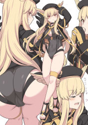 Rule 34 | 1girl, ass, beret, black gloves, black headwear, black jacket, black one-piece swimsuit, blonde hair, breasts, cameltoe, choker, cleavage, cleavage cutout, closed eyes, clothing cutout, eating, fate/grand order, fate (series), full body, gloves, hat, head wings, highleg, highleg swimsuit, hood, hooded jacket, jacket, large breasts, long hair, long sleeves, looking at viewer, multiple views, one-piece swimsuit, open clothes, open jacket, open mouth, red eyes, sandals, shiseki hirame, sidelocks, swimsuit, thighs, thrud (fate), thrud (swimsuit assassin) (fate), translation request, valkyrie (fate), wings