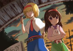 Rule 34 | 2girls, absurdres, alice margatroid, barbed wire, belt, blonde hair, blue dress, blush, brown belt, brown gloves, brown hair, capelet, cigarette, closed mouth, collared capelet, commentary request, cookie (touhou), cowboy shot, hugging doll, dress, dutch angle, fingerless gloves, food-themed hair ornament, gloves, green dress, hair between eyes, hair ornament, hair over eyes, hairband, highres, ichigo (cookie), jigen (cookie), kisaragi station, long hair, looking to the side, multiple girls, necktie, hugging object, open mouth, outdoors, pink capelet, purple eyes, purple scarf, red hairband, red necktie, red sash, sash, scarf, short hair, strawberry hair ornament, stuffed animal, stuffed rabbit, stuffed toy, sunset, touhou, tsugumi amon, white capelet