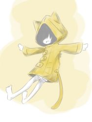 Rule 34 | 1girl, animal ears, barefoot, black hair, cat ears, coat, fang, feet, hair over eyes, highres, little nightmares (series), open mouth, raincoat, short hair, simple background, six (little nightmares), solo, tail, toes, white background