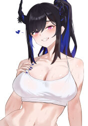 1girl alternate_costume asymmetrical_horns black_hair blue_hair blue_nails blush bra breasts breath collarbone colored_inner_hair commentary demon_horns english_commentary fingernails flower grin heart highres hololive hololive_english horn_flower horns large_breasts long_hair looking_at_viewer multicolored_hair navel nerissa_ravencroft pink_eyes ponytail rokosannn sidelocks simple_background smile solo spoken_heart stomach sweat teeth two-tone_hair underwear uneven_horns upper_body virtual_youtuber white_background