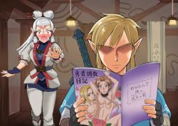 Rule 34 | 1boy, 1girl, blush, brown eyes, brown hair, commentary request, constricted pupils, embarrassed, facial mark, facial tattoo, fingerless gloves, forehead mark, gloves, hair ornament, hair stick, indoors, link, long hair, manga (object), monbetsu kuniharu, nintendo, pants, paya (zelda), pointy ears, pornography, puffy sleeves, shaded face, silver hair, sweatdrop, sword, sword behind back, tabi, tattoo, the legend of zelda, the legend of zelda: breath of the wild, updo, weapon, yaoi, yaoi (object)