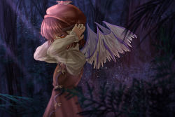 Rule 34 | 1girl, bird wings, blunt bangs, blurry, brown dress, covered mouth, covering own ears, depth of field, dress, feathered wings, forest, from side, hat, high collar, light particles, light rays, long sleeves, looking at viewer, moonbeam, moonlight, mystia lorelei, nature, night, orange eyes, outdoors, pinafore dress, pink hair, shirt, shirt under dress, short hair, shounen (hogehoge), sideways glance, sleeveless dress, solo, touhou, upper body, white shirt, wings