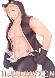 Rule 34 | 1boy, abs, absurdres, animal ears, animal hands, animal hood, bara, black male underwear, black vest, blonde hair, boxer briefs, candy, cat hood, cat paws, cat tail, fake animal ears, food, granblue fantasy, green eyes, halloween, highres, hood, hood up, large pectorals, looking at viewer, male focus, male underwear, mikicat, muscular, muscular male, navel, pectorals, short hair, smile, solo, tail, teeth, torn clothes, torn vest, underwear, vane (granblue fantasy), vest, white background