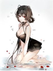 Rule 34 | 1girl, bad id, bad pixiv id, bare arms, bare legs, bare shoulders, barefoot, between legs, black dress, black hair, breasts, cleavage, collarbone, dress, hair rings, large breasts, long hair, looking at viewer, naru (ul), original, parted lips, petals, red eyes, sleeveless, sleeveless dress, solo, spaghetti strap, thighs, v arms, very long hair, water