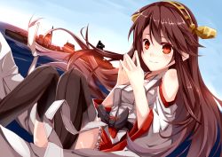 Rule 34 | 10s, 1girl, bare shoulders, black hair, black thighhighs, breasts, brown eyes, brown hair, cannon, detached sleeves, hair ornament, hairband, hairclip, haruna (kancolle), hidaka kouyou, japanese clothes, kantai collection, long hair, nontraditional miko, personification, ship, skirt, solo, steepled fingers, sunlight, thighhighs, turret, water, watercraft