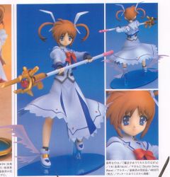 Rule 34 | 00s, 1girl, bare legs, blue eyes, bow, brown hair, figure, fingerless gloves, full body, gloves, hair ribbon, holding, holding weapon, lyrical nanoha, magazine (weapon), magical girl, mahou shoujo lyrical nanoha, no legwear, photo (medium), polearm, purple hair, raising heart, red bow, red hair, ribbon, shoes, short hair, smile, takamachi nanoha, twintails, two side up, weapon, winged footwear, wings