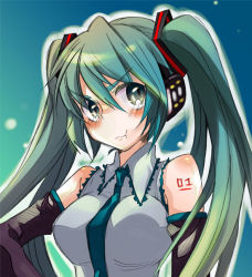 Rule 34 | 1girl, :t, bad id, bad pixiv id, blush, breasts, detached sleeves, female focus, gradient background, green eyes, green hair, hatsune miku, long hair, magurotuki, matching hair/eyes, necktie, pout, solo, twintails, vocaloid