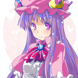 Rule 34 | 1girl, :3, blush, brooch, crescent, crescent hair ornament, fa no hito, hair ornament, hat, heart, heart-shaped pupils, jewelry, long hair, patchouli knowledge, purple eyes, purple hair, solo, symbol-shaped pupils, touhou