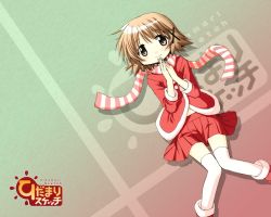 Rule 34 | 00s, 1girl, christmas, closed mouth, hidamari sketch, lying, own hands together, santa costume, scarf, skirt, smile, solo, thigh gap, thighhighs, thighs, yuno (hidamari sketch)