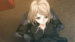 Rule 34 | 1boy, 1girl, :&gt;=, blonde hair, bodysuit, bradyon veda, breasts, breasts squeezed together, censored, covered erect nipples, cum, cum in mouth, ejaculation, fellatio, from above, game cg, grabbing own breast, green eyes, indoors, kusunoki kaede, large breasts, legs, medium hair, mosaic censoring, oral, orgasm, original, paizuri, paizuri over clothes, penis, pov, squatting, standing, thighs, zunta