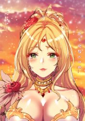 Rule 34 | 1girl, absurdres, bare shoulders, blonde hair, breasts, cleavage, close-up, collar, dusk, flower, goddess of wealth eleanor, green eyes, guardian tales, hair ornament, highres, korean text, large breasts, long hair, looking at viewer, mopqrkdnl1, rose, signature, solo, tears, tiara