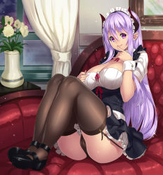 Rule 34 | 1girl, black thighhighs, blush, breasts, brown panties, cleavage, couch, curtains, demon girl, demon horns, demon maid (houtengeki), finger to mouth, flower, garter straps, highres, horns, houtengeki, huge breasts, long hair, maid, maid headdress, mary janes, original, panties, plant, pointy ears, potted plant, purple eyes, purple hair, shoes, sitting, smile, solo, thighhighs, underwear, vase, window, wrist cuffs