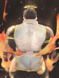 Rule 34 | 1boy, ass, bad id, bad pixiv id, bara, bodysuit, facial hair, feet out of frame, fire, flame print, flaming halo, from behind, halo, hip vent, male focus, muscular, muscular male, po fu, short hair, sketch, skin tight, stubble, thick thighs, thighs, tokyo houkago summoners, zabaniyya (housamo)