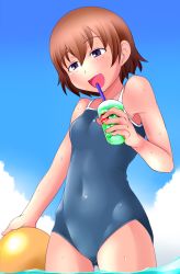 Rule 34 | 10s, 1girl, brown hair, competition school swimsuit, drink, girls und panzer, one-piece swimsuit, purple eyes, school swimsuit, short hair, sky, solo, swimsuit, tanaka rikimaru, tsuchiya (girls und panzer)
