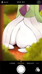 Rule 34 | 1girl, absurdres, androgynous, ass, bob cut, bush, camera, colored skin, creatures (company), curvy, dress, feet, forest, fraankyy, from behind, game freak, gardevoir, gen 3 pokemon, green hair, green skin, hair over one eye, highres, looking at viewer, nature, nintendo, on floor, outdoors, pokemon, pokemon (creature), short hair, sitting, solo focus, taking picture, thick thighs, thighs, white dress, white skin, wide hips