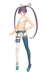 Rule 34 | 1girl, absurdres, ar tonelico, ar tonelico iii, asymmetrical clothes, asymmetrical legwear, blue thighhighs, bow, finnel (ar tonelico), flat chest, full body, garter belt, gust, hair ornament, hand on own hip, high heels, highres, hip focus, lace, lace-trimmed legwear, lace trim, legs, long hair, midriff, mismatched legwear, multicolored clothes, multicolored legwear, nagi ryou, official art, panties, purple eyes, purple hair, shoes, simple background, smile, solo, thighhighs, twintails, underwear, very long hair, white panties, white thighhighs