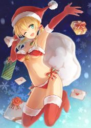Rule 34 | 10s, 1girl, aqua eyes, armpits, bandeau, blonde hair, box, breasts, christmas, elbow gloves, envelope, gift, gift box, gloves, hat, kantai collection, long hair, midori miyako, navel, one eye closed, open mouth, outstretched arm, prinz eugen (kancolle), sack, santa costume, smile, solo, thighhighs, twintails, underboob