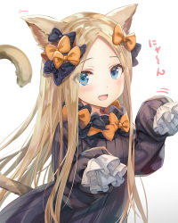 Rule 34 | 1girl, abigail williams (fate), animal ears, black bow, black dress, blonde hair, blue eyes, blush, bow, breasts, cat day, cat ears, cat tail, dress, fate (series), forehead, hair bow, highres, long hair, long sleeves, looking at viewer, multiple bows, open mouth, orange bow, parted bangs, paw pose, polka dot, polka dot bow, ribbed dress, simple background, sleeves past fingers, sleeves past wrists, small breasts, smile, solo, tail, torino aqua, white background