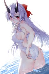 Rule 34 | 1girl, adjusting clothes, adjusting swimsuit, alternate costume, alternate hairstyle, ass, blush, bow, breasts, commentary request, contemporary, dutch angle, covered erect nipples, fate/grand order, fate (series), from behind, hair between eyes, hair down, hand on own chest, highres, horns, large breasts, long hair, one-piece swimsuit, oni horns, onsoku inu, open mouth, red bow, red eyes, sideboob, silver hair, skindentation, solo, swimsuit, thick thighs, thighs, tomoe gozen (fate), very long hair, wading, water, white one-piece swimsuit