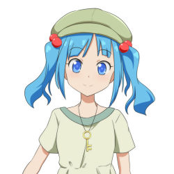 Rule 34 | 1girl, alternate costume, anime coloring, blue eyes, blue hair, blush, cabbie hat, cato (monocatienus), commentary, eyelashes, green hat, green shirt, hair bobbles, hair ornament, hat, jewelry, kawashiro nitori, key, looking at viewer, pendant, shirt, short hair, short sleeves, sidelocks, simple background, smile, solo, touhou, twintails, upper body, white background