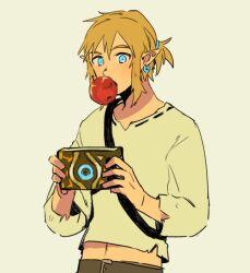 1boy apple belt belt_buckle blue_eyes brown_belt buckle commentary_request cowboy_shot ear_piercing earrings food food_in_mouth fruit hair_tie holding jewelry link long_sleeves looking_at_object male_focus midriff_peek navel nintendo panco500 piercing pointy_ears ponytail sheikah_slate shirt short_ponytail shoulder_strap simple_background single_earring solo the_legend_of_zelda the_legend_of_zelda:_breath_of_the_wild torn_clothes torn_sleeves white_shirt