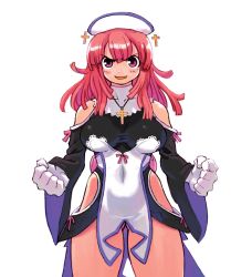 Rule 34 | 1girl, blush, breasts, celtic cross, clenched hand, clenched hands, cross, gloves, grin, hat, highres, huge breasts, la pucelle, latin cross, long hair, nippon ichi, official art, pantyhose, pink eyes, pink hair, prier, red hair, ryoji (nomura ryouji), simple background, smile, solo, thighs