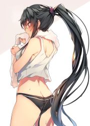 Rule 34 | 10s, 1girl, :o, alternate costume, ass, bare arms, bare shoulders, black hair, black panties, blush, breasts, butt crack, cowboy shot, from behind, hair tie, highres, holding, holding towel, kantai collection, long hair, medium breasts, open mouth, panties, ponytail, profile, red eyes, simple background, sleeveless, smelling, solo, soukou makura, standing, sweat, tank top, towel, towel around neck, underwear, very long hair, white background, yahagi (kancolle)
