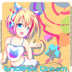 Rule 34 | 1girl, :d, abstract, abstract background, album cover, animal ear headphones, animal ears, blonde hair, blue eyes, blush, breasts, cat ear headphones, cat eyes, cover, fake animal ears, female focus, headphones, heart, highres, looking at viewer, nail polish, neck, neptor kriegor, open mouth, self-upload, shirt, short hair, skirt, small breasts, smile, solo, solo focus, standing, star (symbol), tagme, tail, white shirt, white skirt