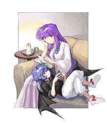 2girls alternate_costume bat_wings black_shirt blue_hair book bow candle collared_shirt crossed_legs crt599 dress embodiment_of_scarlet_devil highres lap_pillow long_hair long_sleeves lying multiple_girls on_back outside_border patchouli_knowledge pointy_ears purple_eyes purple_hair red_eyes remilia_scarlet ribbon shirt short_hair sidelocks sitting size_difference slippers smile striped_clothes striped_dress touhou vertical-striped_clothes vertical-striped_dress wings