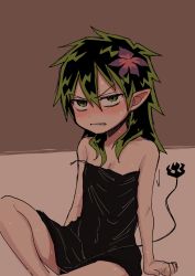 Rule 34 | 1girl, bare shoulders, black dress, black theme, blush, character request, collarbone, commentary request, copyright request, demon tail, dress, elf, glaring, green eyes, green hair, highres, looking at viewer, medium hair, messy hair, off shoulder, pointy ears, sharp teeth, shiromanta, short dress, sleeveless, sleeveless dress, solo, strap slip, sweat, tail, teeth
