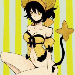 Rule 34 | 1girl, alternate color, animal ears, babydoll, black hair, breasts, cleavage, l hakase, large breasts, lowres, original, personification, pokemon, shinx, solo, tail, yellow eyes