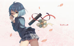 Rule 34 | 1girl, 3:, ahoge, blue eyes, blue hair, blush, cherry blossoms, closed mouth, diploma, dlsite.com, elle sweet, from behind, graduation, grey skirt, hand on own chest, hands up, highres, looking at viewer, looking back, one eye closed, parsley-f, petals, plaid, plaid skirt, pleated skirt, school uniform, short hair, sidelocks, skirt, solo, tareme, tears, thighs, wallpaper, watermark, web address, wiping tears