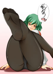 Rule 34 | &gt;:d, 1girl, :d, arm support, ass, bad id, bad pixiv id, black pantyhose, blush, breasts, crossed legs, feet, female focus, foot focus, foreshortening, gradient background, green hair, head tilt, hip focus, kazami yuuka, kojou, large breasts, leaning back, legs, legs up, looking at viewer, naughty face, open mouth, orange eyes, panties, panties under pantyhose, pantyhose, pink background, plaid, plaid vest, shiny clothes, short hair, sitting, smile, soles, solo, thighs, toes, touhou, trefoil, underwear, v-shaped eyebrows, vest, white background