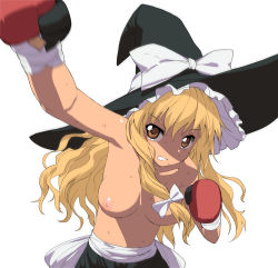 Rule 34 | 1girl, a1 (initial-g), absurdres, armpits, blonde hair, bow, boxing, boxing gloves, breasts, clenched teeth, female focus, hair bow, hat, highres, kirisame marisa, long hair, motion blur, nipples, punching, shorts, simple background, solo, sweat, teeth, topless, touhou, witch hat, yellow eyes