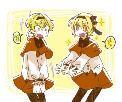 Rule 34 | 1boy, 1girl, blonde hair, blush, bow, bowtie, brown bow, brown bowtie, brown pantyhose, capelet, cosplay, don quixote (project moon), limbus company, lobotomy corporation, long sleeves, medium hair, open mouth, orange capelet, orange skirt, pantyhose, project moon, puffy long sleeves, puffy sleeves, shirt, sinclair (project moon), skirt, smile, sparkle, sparkling eyes, tiphereth a (project moon), tiphereth a (project moon) (cosplay), tiphereth b (project moon), tiphereth b (project moon) (cosplay), wakame 031412, white shirt, yellow eyes