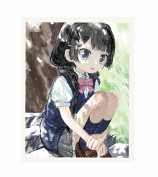 Rule 34 | black hair, blue eyes, blue socks, blue sweater vest, border, bow, bowtie, braid, brown footwear, collared shirt, commentary request, dappled sunlight, day, dress shirt, grey skirt, hair ornament, hair over shoulder, hairclip, highres, hitonatz, kneehighs, loafers, long hair, looking at viewer, low twin braids, nijisanji, open mouth, outdoors, pink bow, pink bowtie, pleated skirt, puffy short sleeves, puffy sleeves, school uniform, shirt, shoes, short sleeves, sitting, sitting on stairs, skirt, smile, socks, stairs, summer uniform, sunlight, sweater vest, tsukino mito, tsukino mito (3rd costume), twin braids, virtual youtuber, white border, white shirt