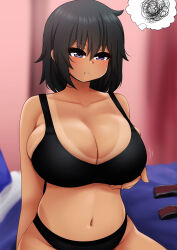 Rule 34 | 1girl, :t, absurdres, bare shoulders, bed, black bra, black hair, black panties, blurry, blurry background, bra, breast lift, breasts, cleavage, closed mouth, collarbone, highres, himiko (the only shoe), huge breasts, indoors, motion lines, navel, on bed, original, panties, pout, purple eyes, short hair, sitting, solo, spoken squiggle, squiggle, stomach, tan, tanline, the only shoe, thought bubble, tomboy, underwear, underwear only