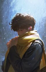 Rule 34 | 1boy, bishounen, blue background, blue coat, brown bag, brown eyes, brown hair, carrying bag, character request, coat, copyright request, facing to the side, jnkku, light, looking down, male focus, scarf, snow, solo, yellow scarf