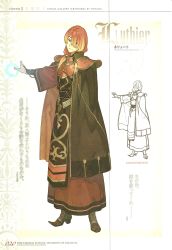Rule 34 | 1boy, armor, blonde hair, bracelet, breastplate, brown eyes, cape, character name, fire emblem, fire emblem echoes: shadows of valentia, full body, gradient hair, head tilt, hidari (left side), highres, jewelry, long hair, looking at viewer, low ponytail, luthier (fire emblem), magic, male focus, multicolored hair, nintendo, non-web source, official art, orange hair, ponytail, red hair, scan, sketch, two-tone hair
