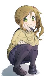 Rule 34 | 1girl, black footwear, brown hair, cardigan, fang, full body, gazacy (dai), green eyes, hair between eyes, hair ornament, highres, inuyama aoi, loafers, long hair, long sleeves, looking at viewer, pleated skirt, shoes, side ponytail, sidelocks, skin fang, skirt, smile, solo, squatting, thick eyebrows, white background, yurucamp