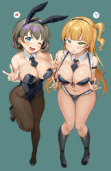 Rule 34 | 2girls, ;d, alternate breast size, alternate costume, bare shoulders, between breasts, bikini, black bikini, black hairband, black leotard, black necktie, blonde hair, blue eyes, blush, breasts, brown pantyhose, cleavage, covered navel, detached collar, double n/, double w, flying sweatdrops, frills, full body, green background, green eyes, grey hair, hairband, hands up, heanna sumire, heart, high heels, highres, large breasts, leotard, long hair, looking at viewer, love live!, love live! superstar!!, maid, maid bikini, micro bikini, multiple girls, \n/, navel, necktie, necktie between breasts, one eye closed, one side up, open mouth, pantyhose, parted lips, playboy bunny, short hair, simple background, smile, spoken flying sweatdrops, spoken heart, spoken sweatdrop, standing, standing on one leg, stomach, sweatdrop, swimsuit, tang keke, tem10, thigh gap, thighs, unconventional maid, w