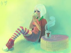 Rule 34 | 1girl, aged up, disney, drinking, leaning, on floor, short hair, signature, sitting, solo, striped clothes, striped thighhighs, taffyta muttonfudge, thighhighs, twy, white hair, wreck-it ralph
