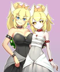 Rule 34 | 2girls, artist request, asymmetrical docking, bare shoulders, black dress, black sclera, blonde hair, blush, bowsette, bracelet, breast press, character request, closed mouth, collar, colored sclera, dress, dry bowser, fangs, fangs out, flat chest, horns, jewelry, looking at viewer, mario (series), multiple girls, nintendo, outline, pale skin, pink background, pointy ears, ponytail, simple background, smile, spiked bracelet, spiked collar, spikes, standing, standing on one leg, super crown, white dress, white outline, yellow eyes