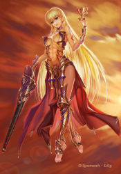 Rule 34 | 1girl, abs, adapted costume, arm at side, armor, bare shoulders, barefoot, bikini armor, blonde hair, bodypaint, breastplate, breasts, center opening, chalice, character name, cloud, cloudy sky, cup, ea (fate/stay night), earrings, fate/zero, fate (series), faulds, floating, from below, full body, genderswap, genderswap (mtf), gilgamesh-ko, gilgamesh (fate), highres, holding, holding weapon, jewelry, leg armor, lens flare, long hair, looking at viewer, looking down, medium breasts, midair, necklace, outdoors, parted lips, pendant, plantar flexion, red eyes, red lips, red skirt, skirt, sky, solo, stomach, sword, toenails, ushas, vambraces, very long hair, weapon