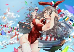 Rule 34 | 1girl, adapted turret, alcohol, animal ears, bare shoulders, blue sky, blush, bow, bowtie, breasts, brown eyes, cannon, cleavage, cloud, cloudy sky, cup, day, detached collar, drinking glass, drunk, fake animal ears, flag, grey hair, hair between eyes, highres, kantai collection, large breasts, leotard, long hair, looking at viewer, mizunototori, open mouth, outdoors, playboy bunny, pola (kancolle), rabbit ears, rabbit tail, red leotard, rigging, sky, smile, solo, strapless, strapless leotard, string of flags, tail, thick eyebrows, turret, wavy hair, white theme, wine, wine glass, wrist cuffs