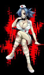 Rule 34 | + +, 1girl, absurdres, artist request, black background, blood, blood stain, blue hair, bonesaw, breasts, choker, cleavage, crossed legs, evil grin, evil smile, eyepatch, gloves, grin, hat, highres, large breasts, latex, latex gloves, leg wrap, mask, mask pull, mouth mask, nurse cap, ponytail, red background, red eyes, saw, sitting, skullgirls, smile, solo, surgical mask, valentine (skullgirls)