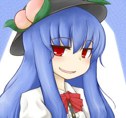 Rule 34 | blue hair, bow, bowtie, food, fruit, hat, hinanawi tenshi, nice (artist), peach, red bow, red eyes, tagme, touhou